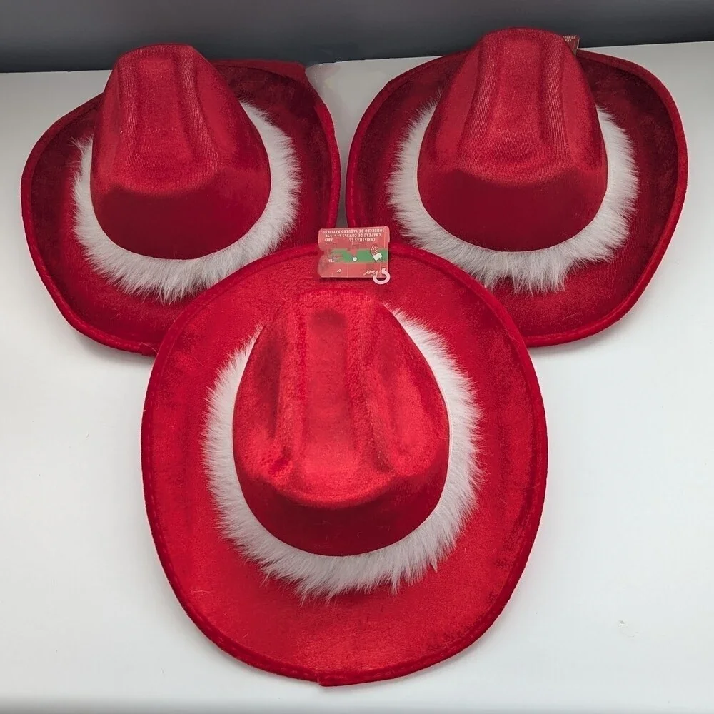 NWT Red Cowboy Hat with White Faux-Fur Trim